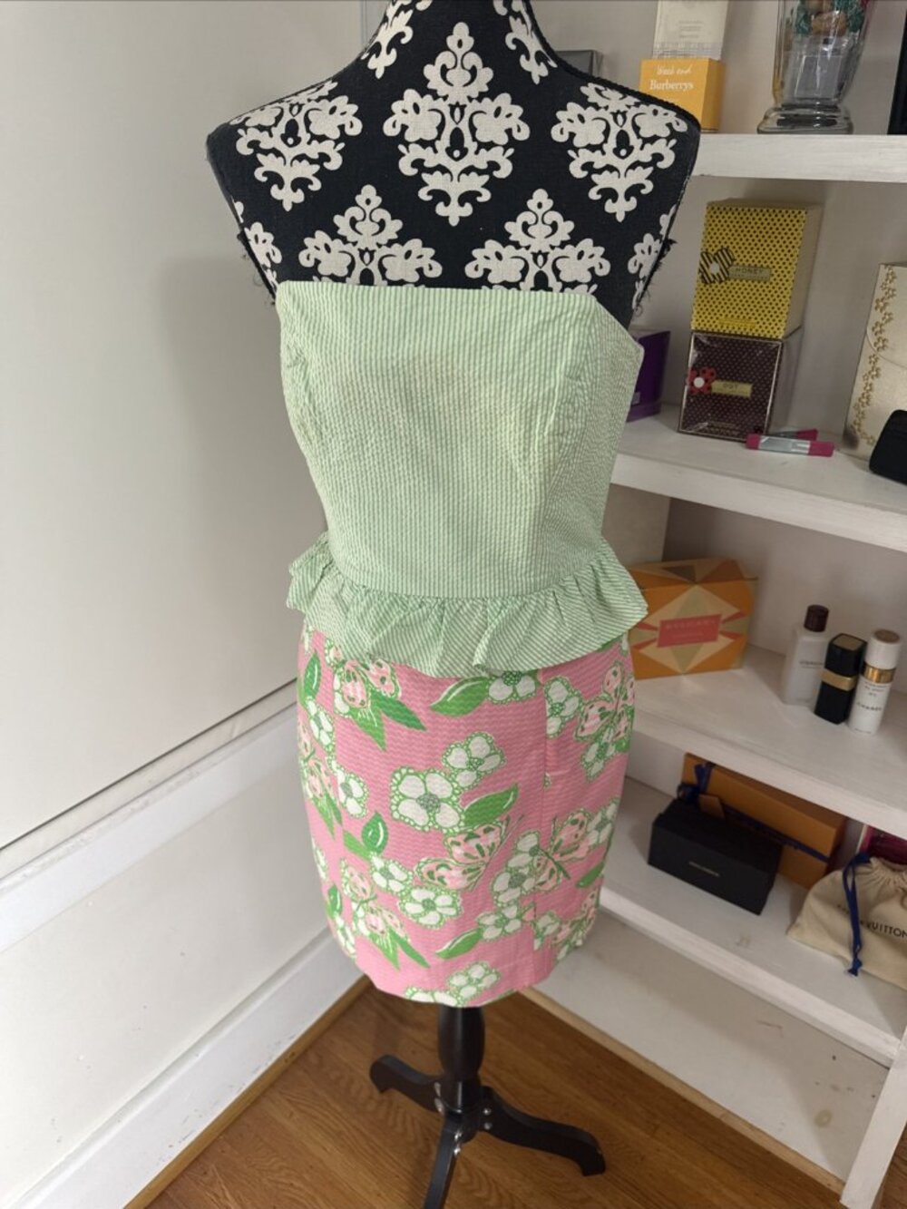 Lilly Pulitzer Striped & Floral Strapless Dress - 4 Pinks And Greens Lined Vaca - Picture 1 of 14